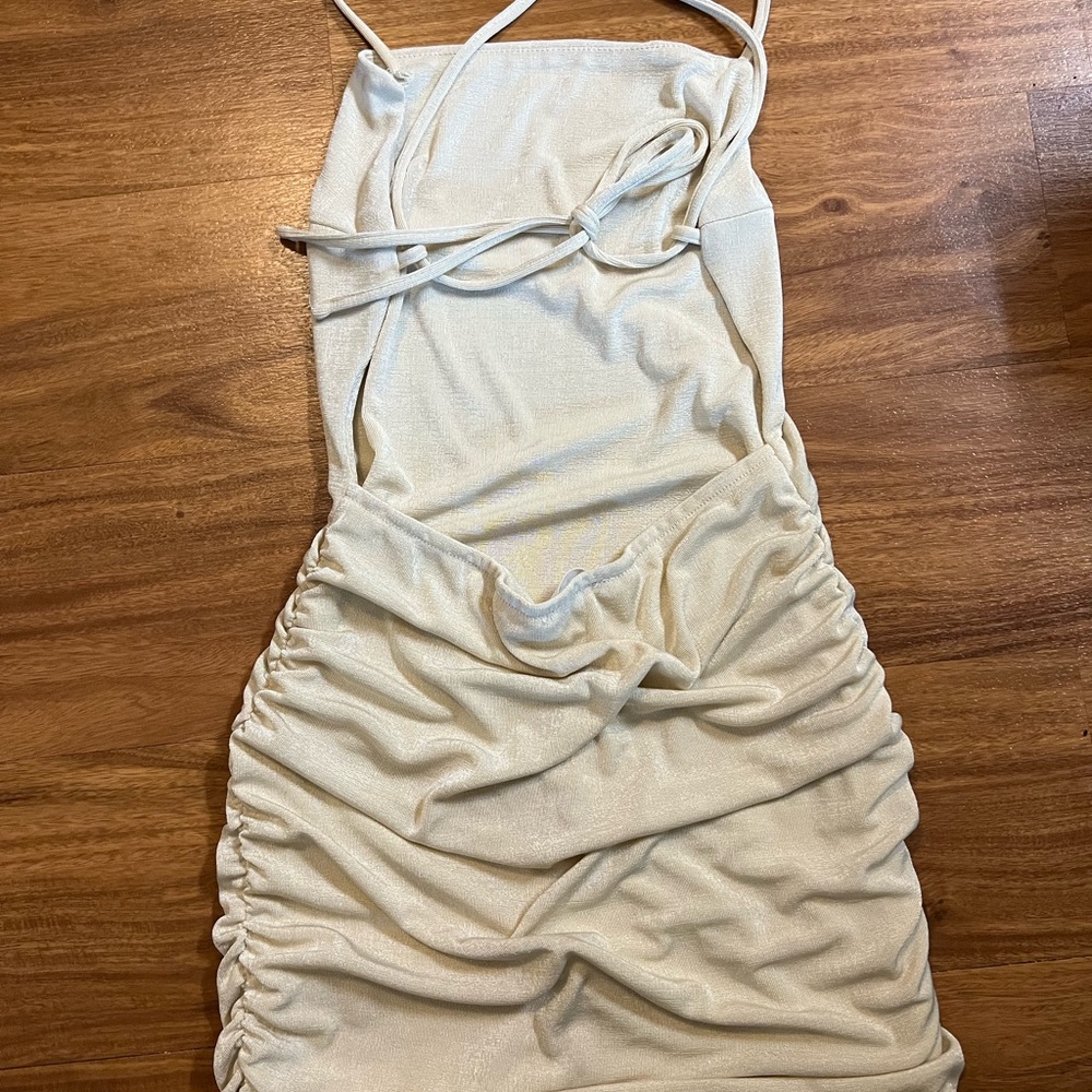 Mable Champagne Ruched Bodycon Square Neck Open Tie Back Mini Dress